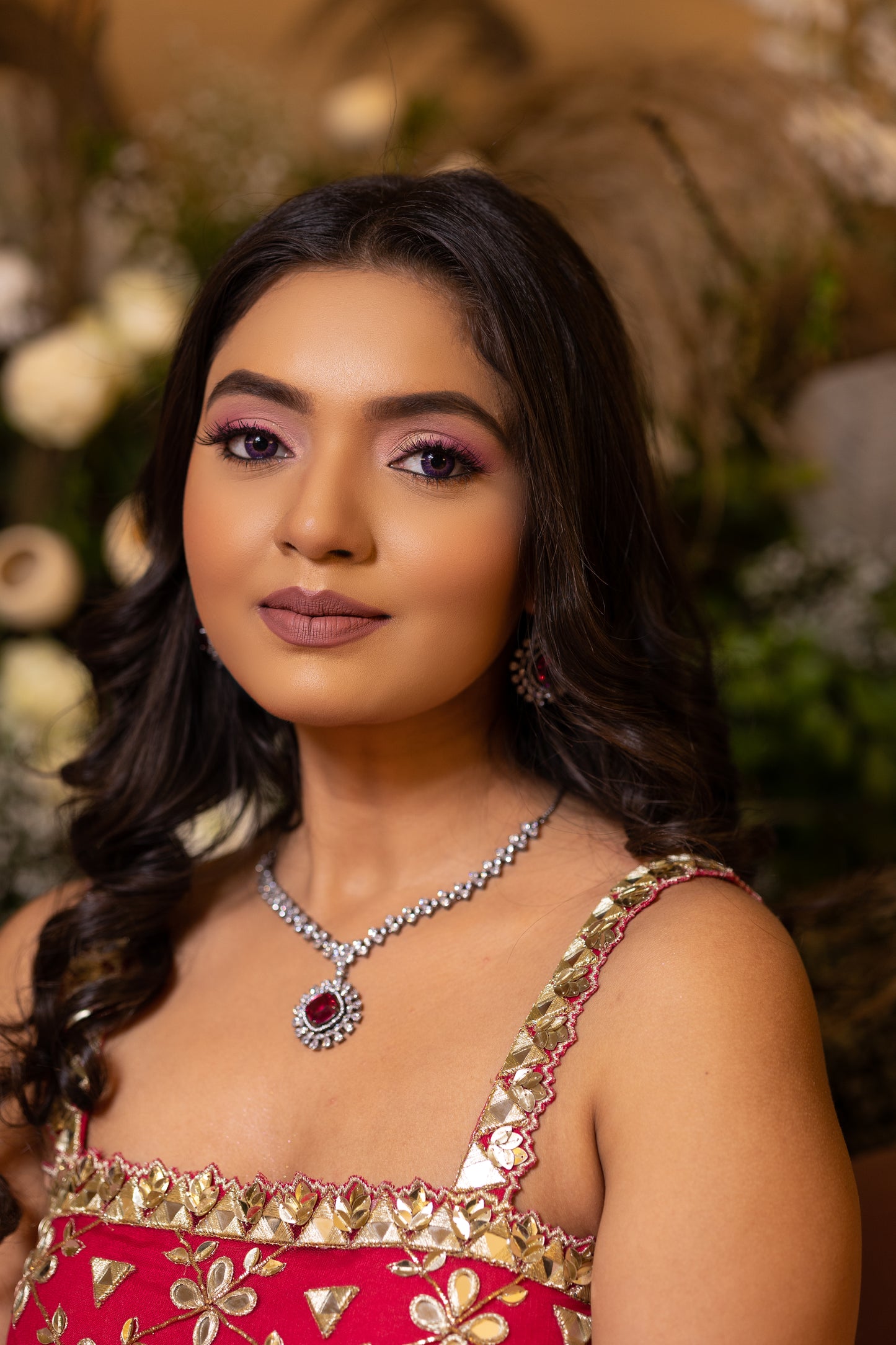 Falguni pink stone diamond layered necklace set