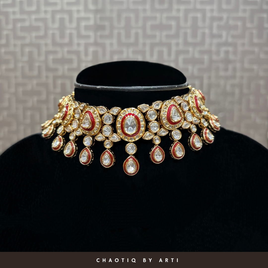 Falguni red polki and meenakari choker necklace set