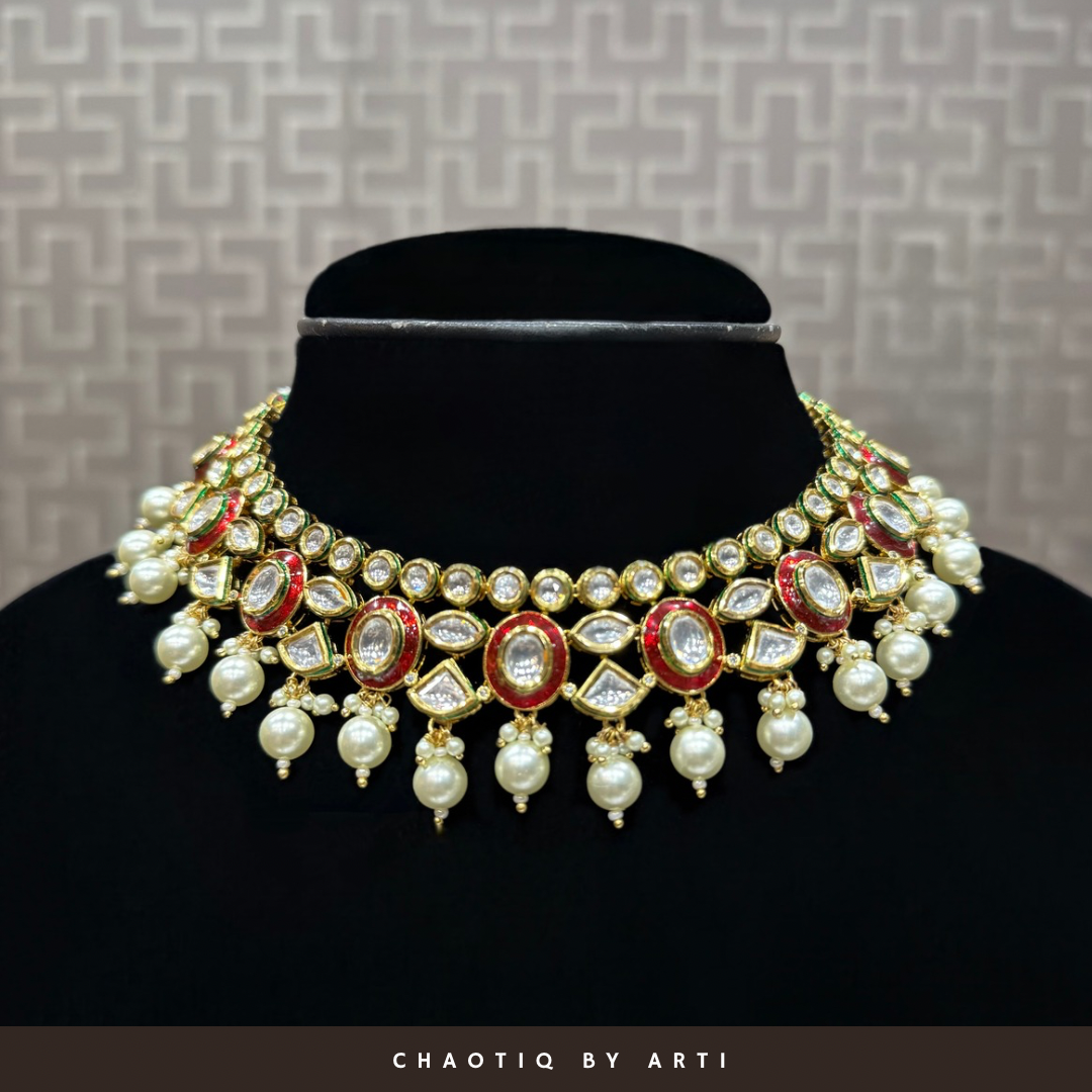 Ahana meenakari polki and pearl necklace set