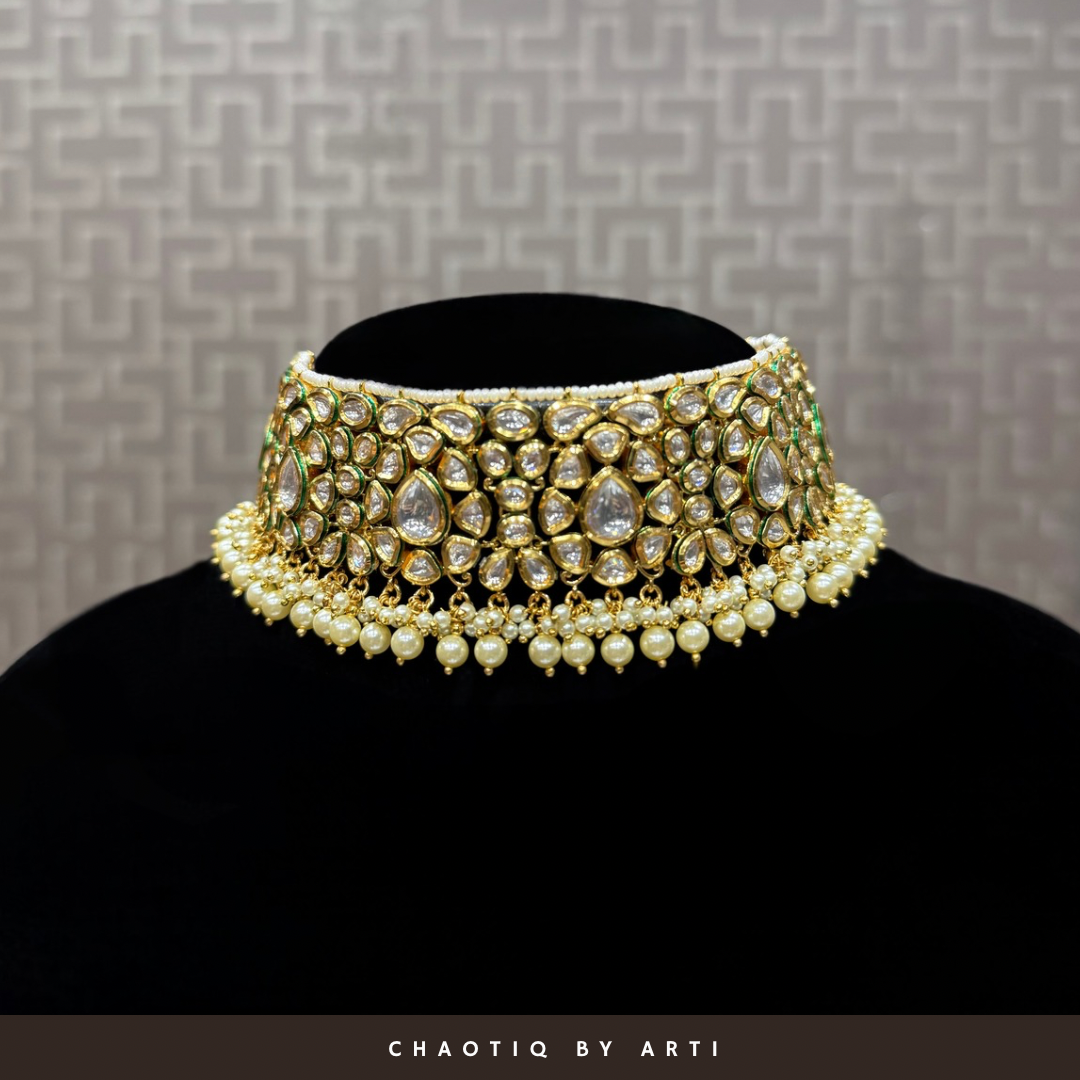 Tara chunky polki and pearl choker necklace set