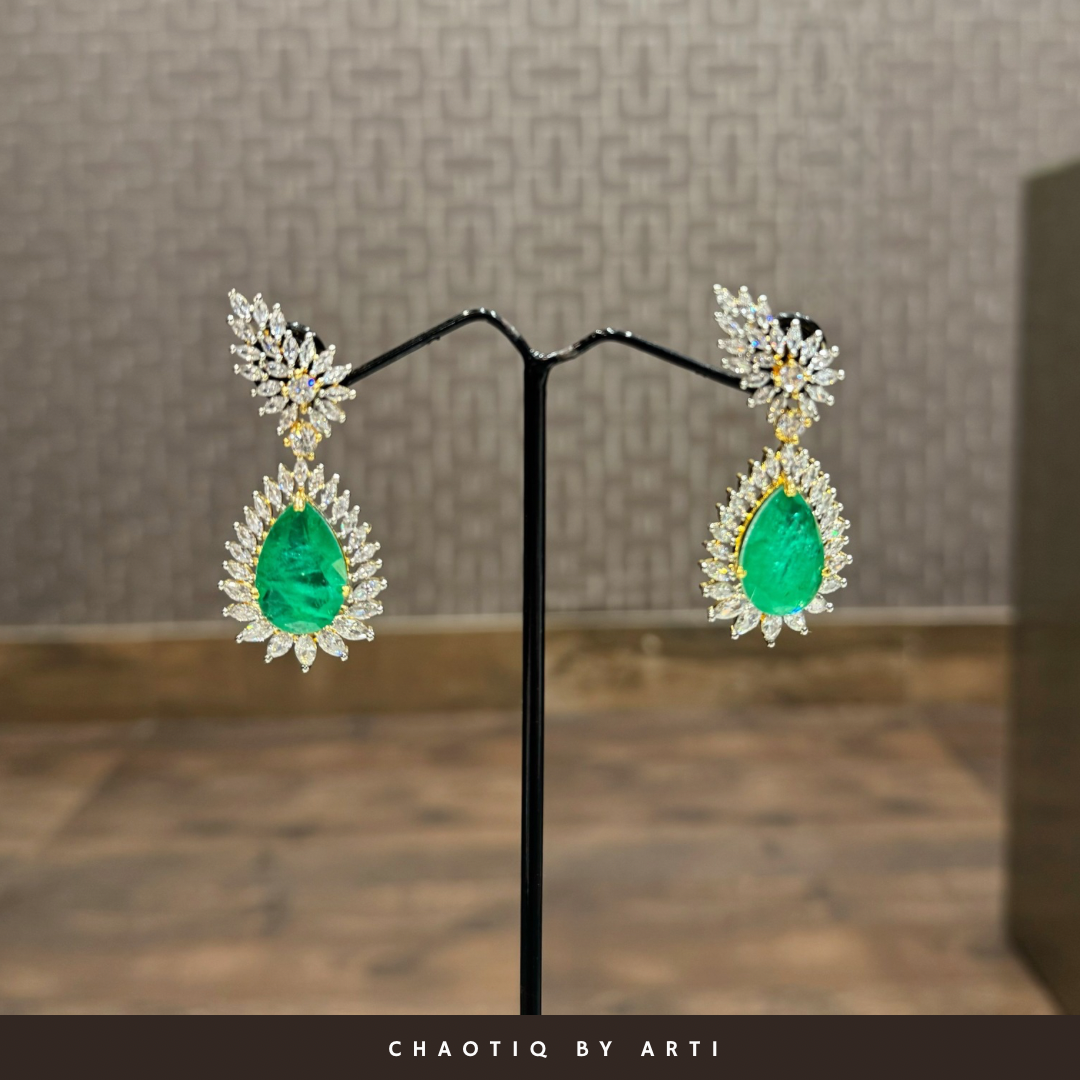 Mihira Diamond Drop Earrings with Emerald Stone