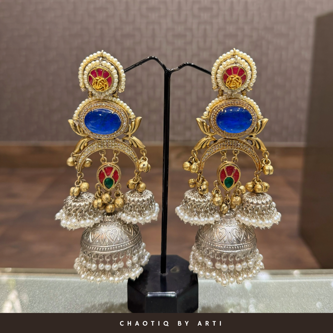 Falguni three tiered oversized oxidised jhumka earrings