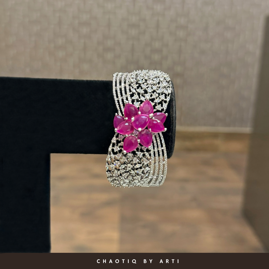 Maira flower shaped ruby and diamond studded bracelet