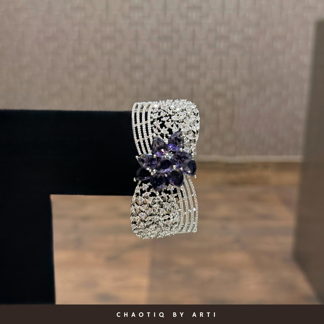 Maira flower shaped purple stone and diamond studded bracelet