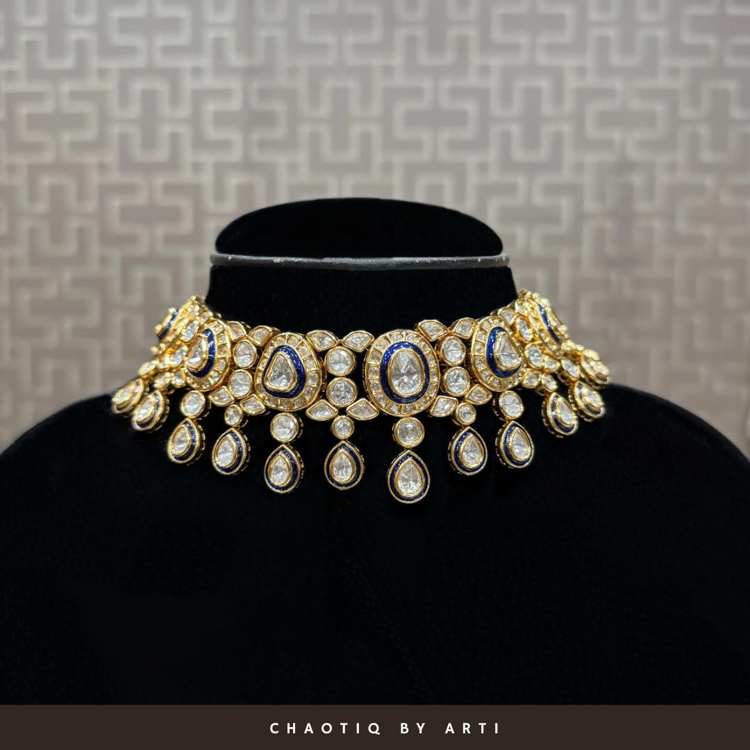 Falguni royal blue polki and meenakari choker necklace set