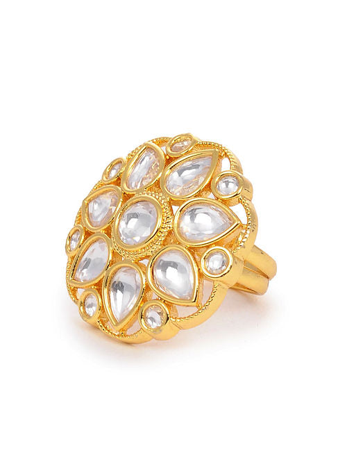 White coloured gold hued meenakari ring enhanced with kundan stones