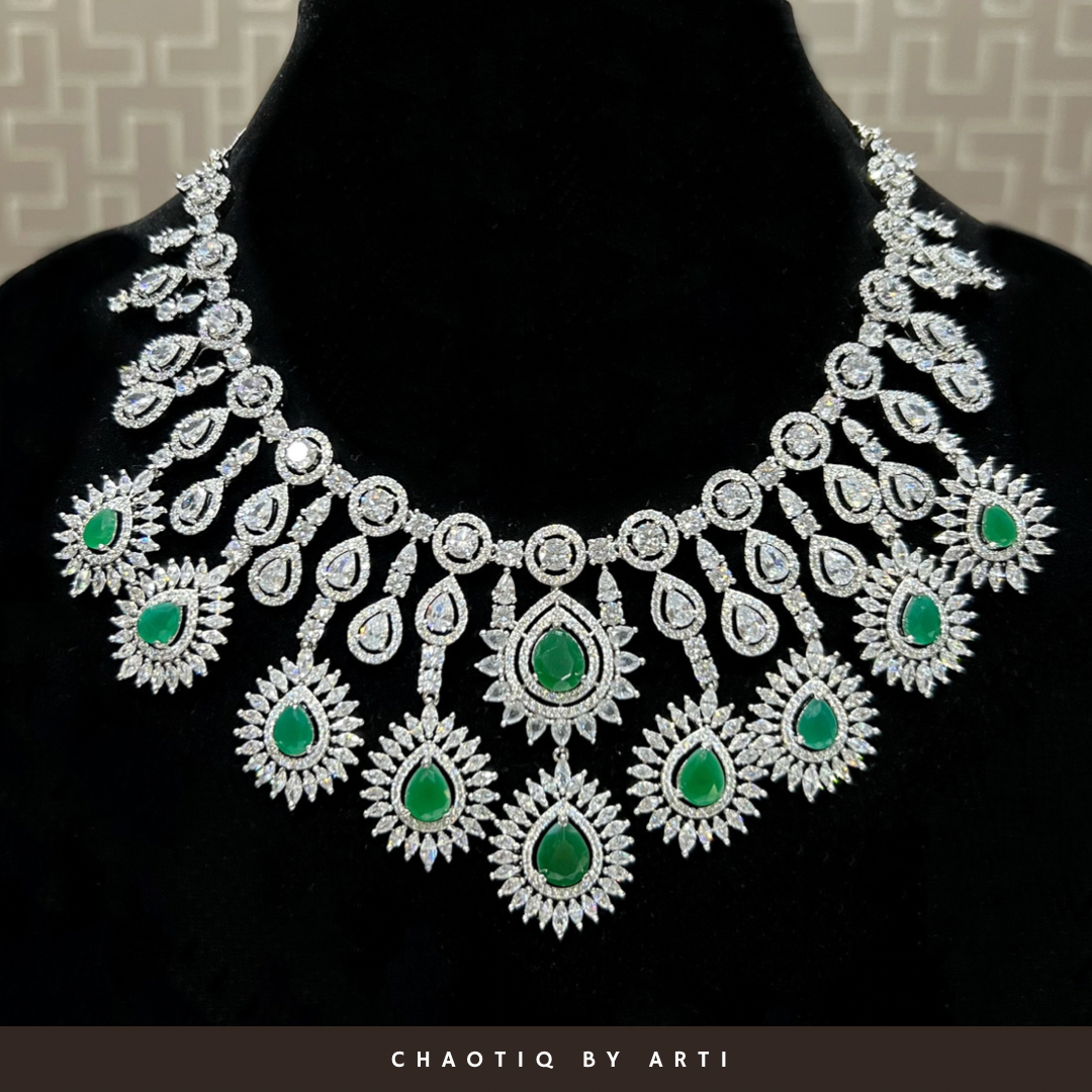 Suhana emerald studded diamond necklace set