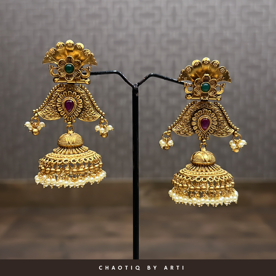 Jhumka styled gold earrings with a flower top Chaotiq by Arti
