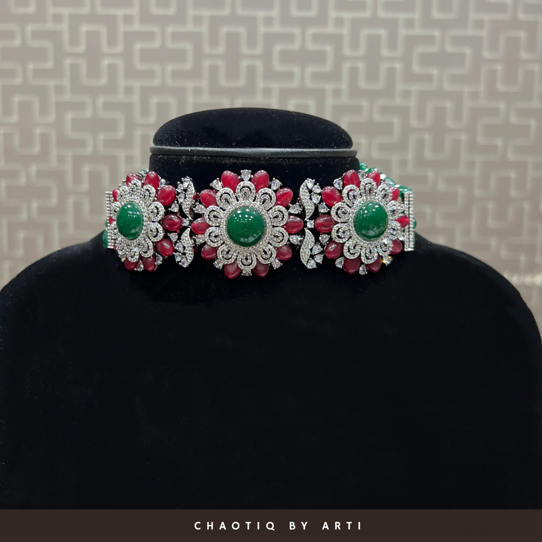 Flower shaped ruby and emerald diamond choker set