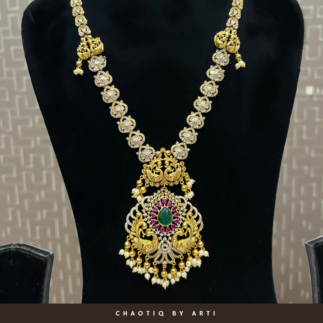 Long diamond and multicoloured gold plated necklace set