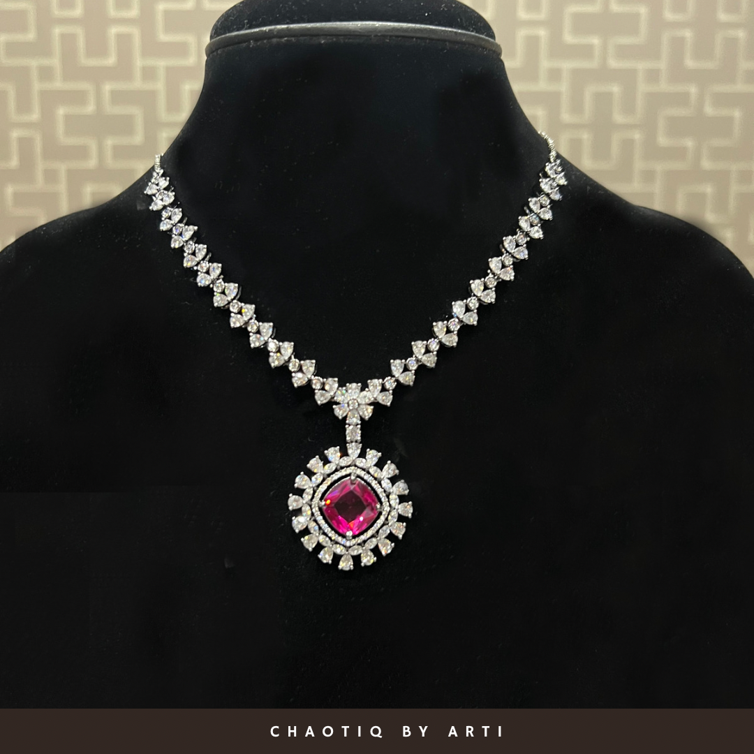 Falguni pink stone diamond layered necklace set
