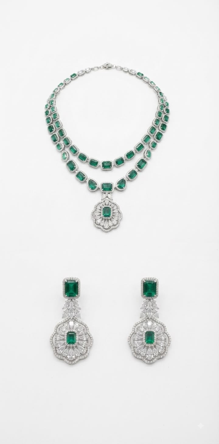 Amaara emerald and diamond double layered necklace set