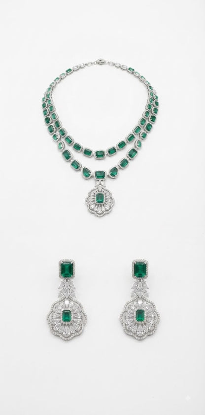 Amaara emerald and diamond double layered necklace set