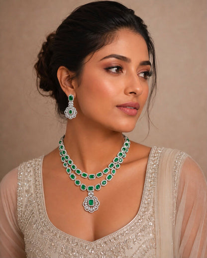 Amaara emerald and diamond double layered necklace set