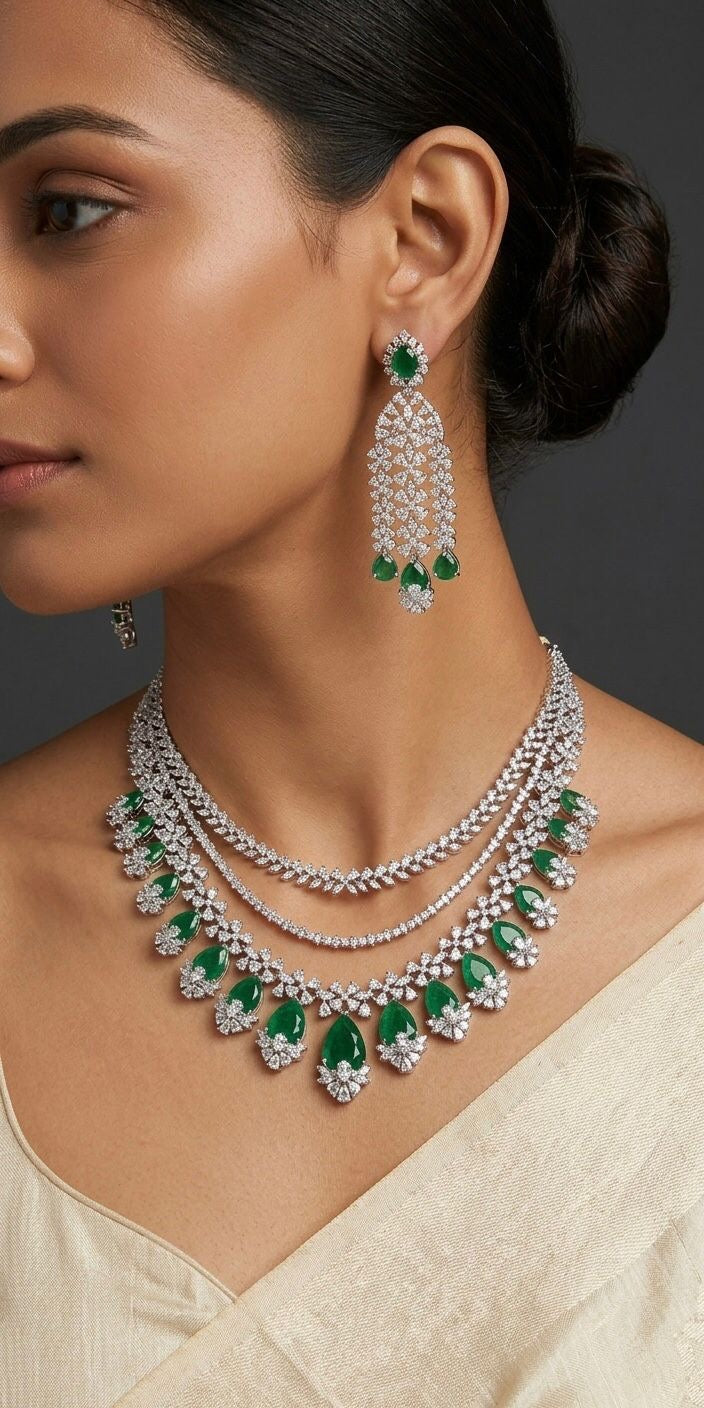 Vamika Emerald and Diamond Layered Necklace Set