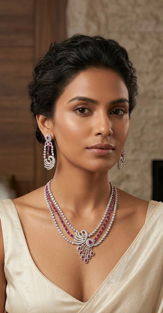 Layered diamond set with a peacock shaped pendant