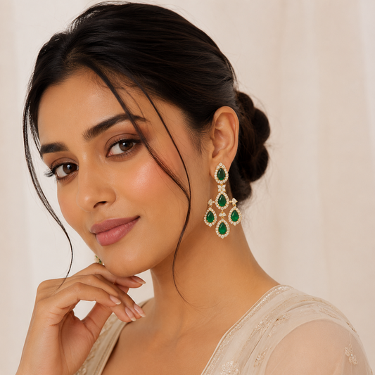 Avira Long Diamond Danglers with Emerald Stones