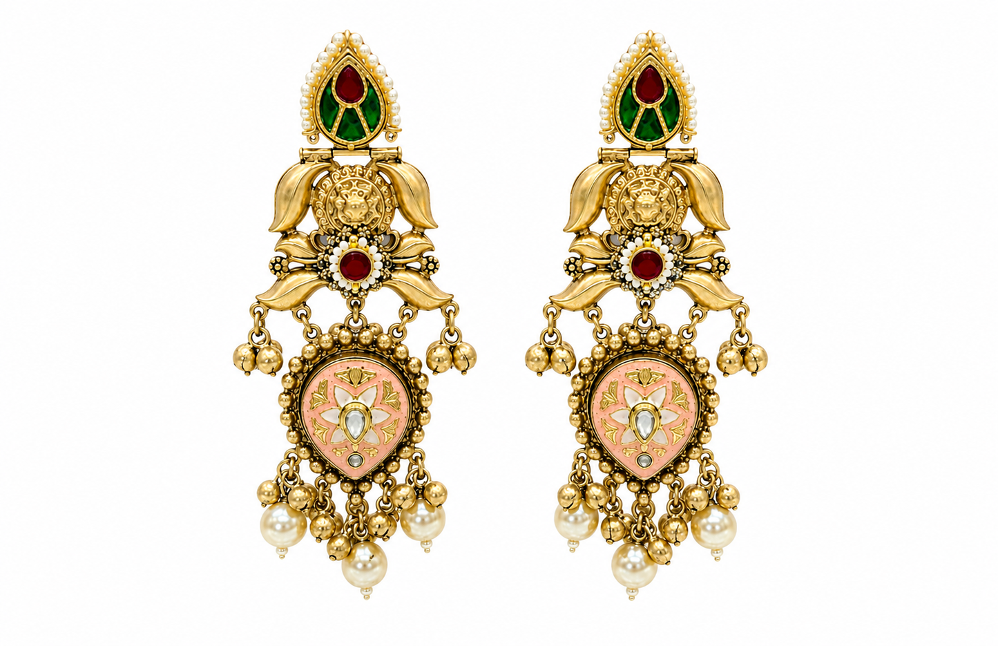 Falguni Long gold plated earrings with pearls and coloured stones