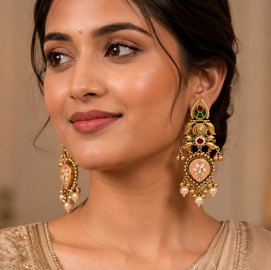 Falguni Long gold plated earrings with pearls and coloured stones