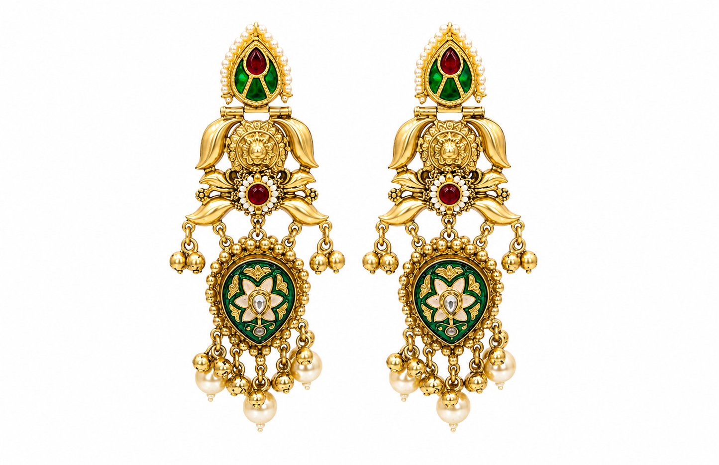 Falguni Long gold plated earrings with pearls and coloured stones