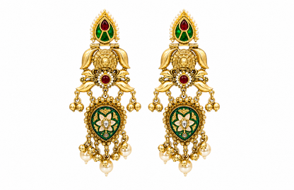 Falguni Long gold plated earrings with pearls and coloured stones