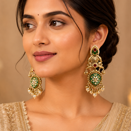 Falguni Long gold plated earrings with pearls and coloured stones