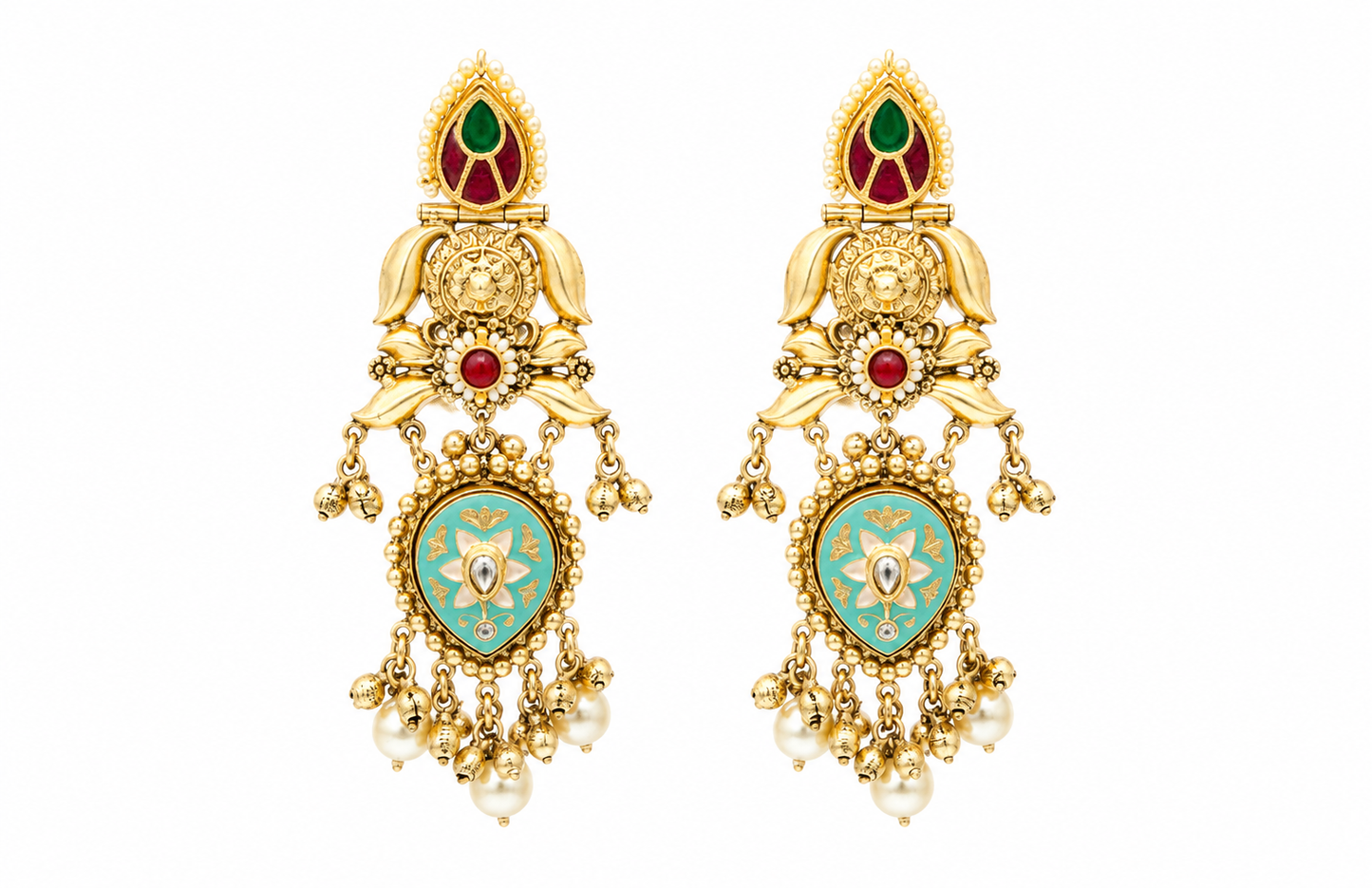 Falguni Long gold plated earrings with pearls and coloured stones