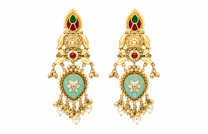 Falguni Long gold plated earrings with pearls and coloured stones