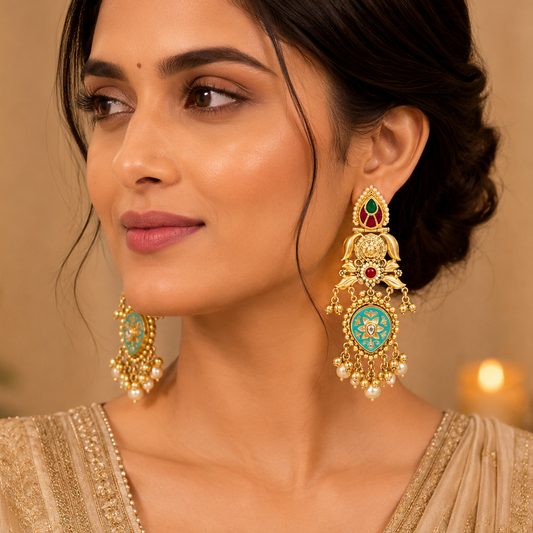 Falguni Long gold plated earrings with pearls and coloured stones