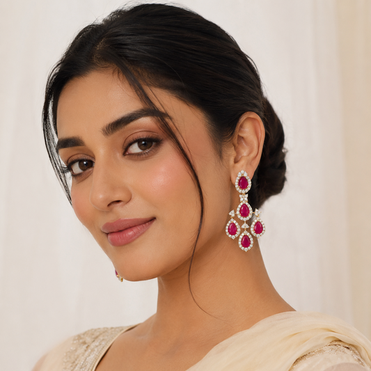 Avira Long Diamond Danglers with Ruby Stones