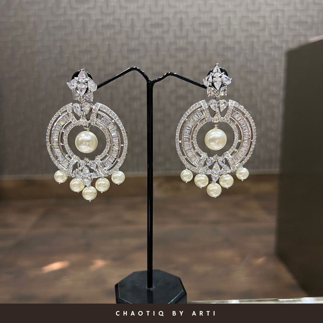 Diamond chandbala pearl earrings