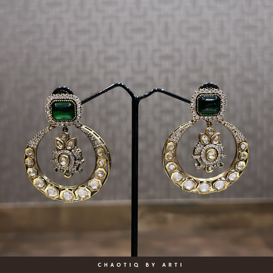 Antique polished chand shaped polki earrings