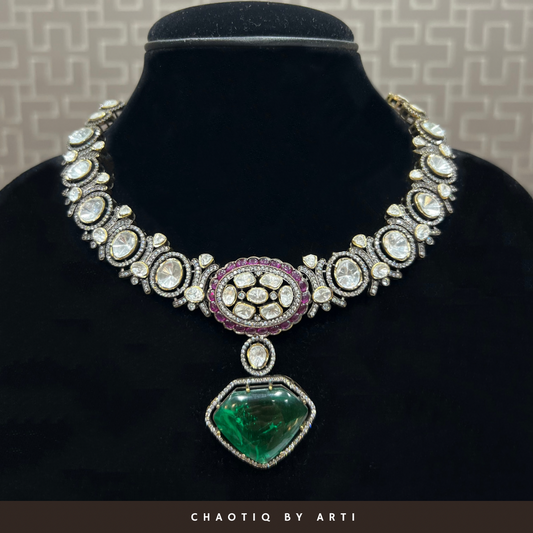 Test product Antique hued polki and emerald chunk necklace set