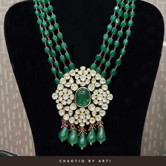 Multi stringed emerald and polki necklace set