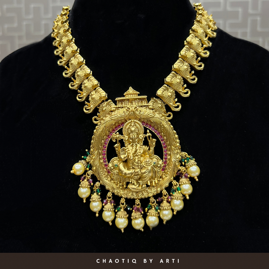 Ganesha shaped gold plated necklace set