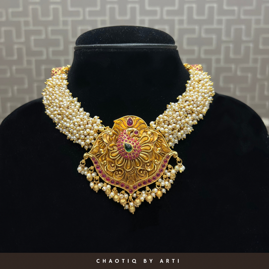 Handcrafted moti studded gold necklace set