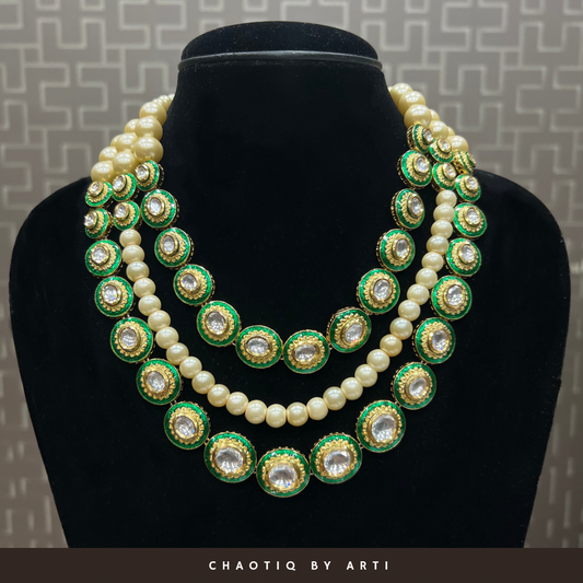 Three layer polki and pearl meenakari necklace set