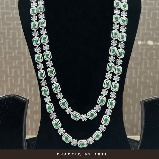 Double layered long diamond and emerald necklace set