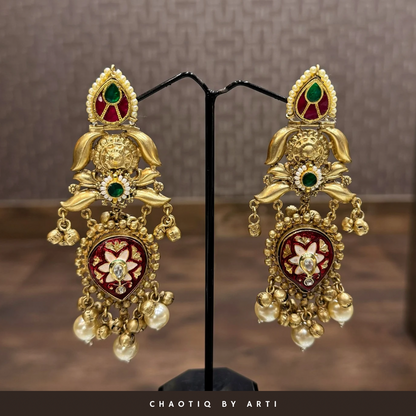Falguni Long gold plated earrings with pearls and coloured stones