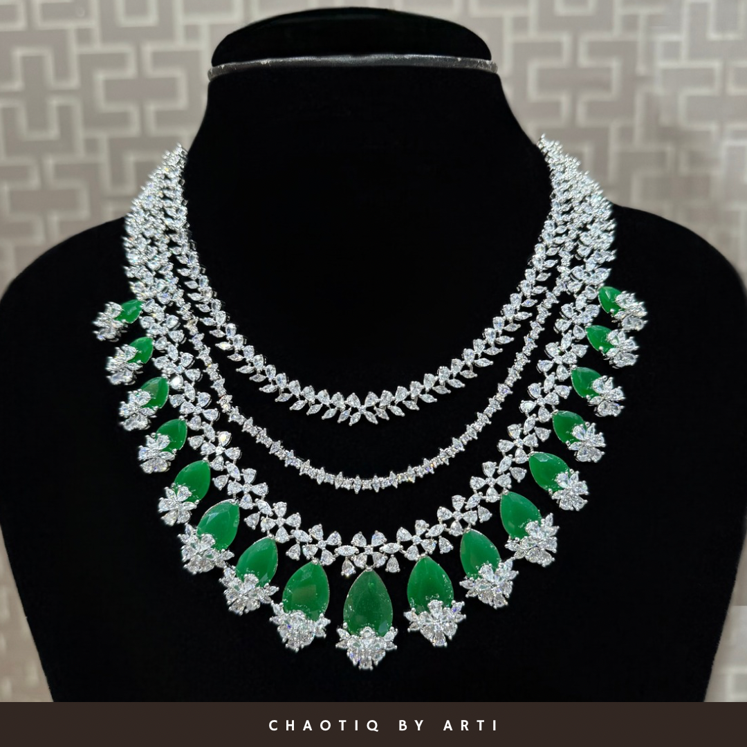 Vamika Emerald and Diamond Layered Necklace Set