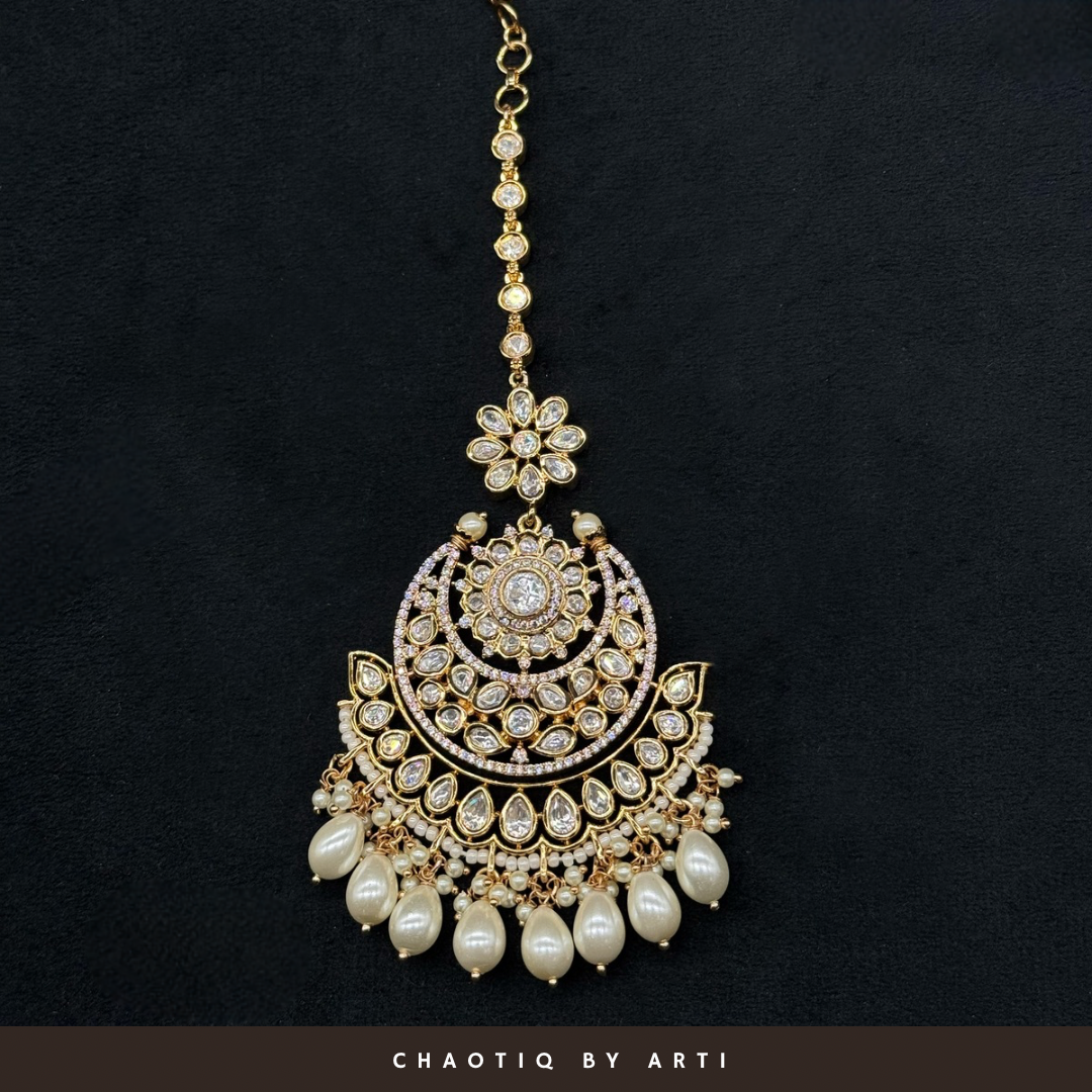 Mehreen Gold plated polki and pearl maangtikka