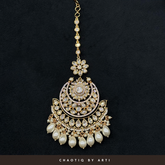 Mehreen Gold plated polki and pearl maangtikka