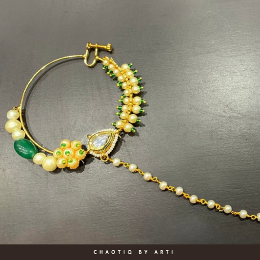 Anah Handcrafted Pearl studded Nath with polki
