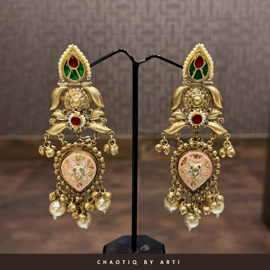 Falguni Long gold plated earrings with pearls and coloured stones