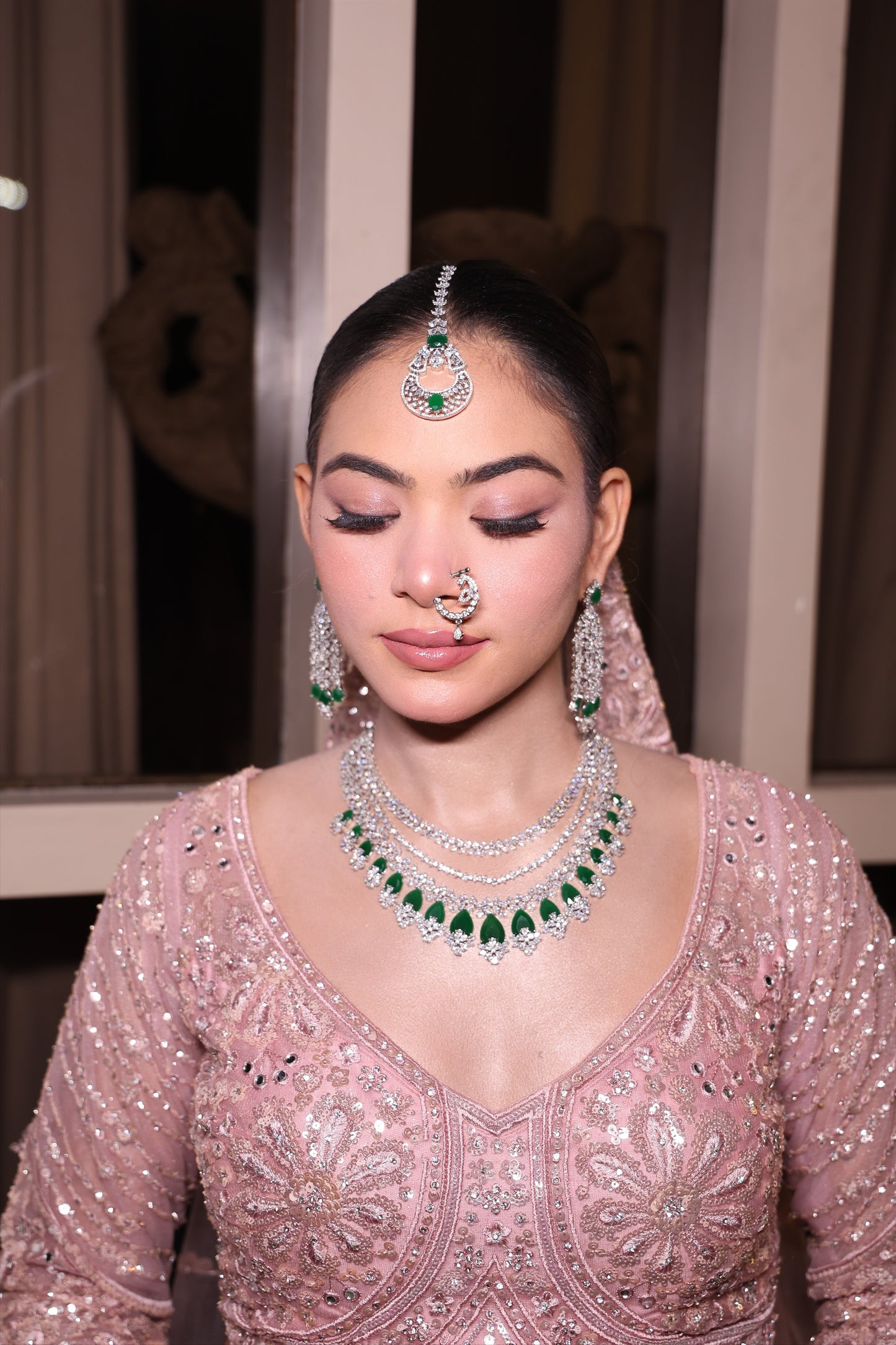 Vamika Emerald and Diamond Layered Necklace Set