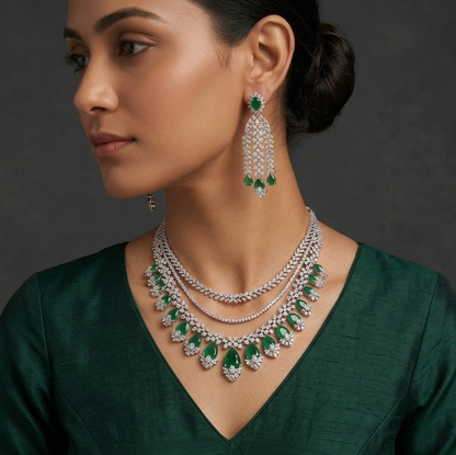Vamika Emerald and Diamond Layered Necklace Set