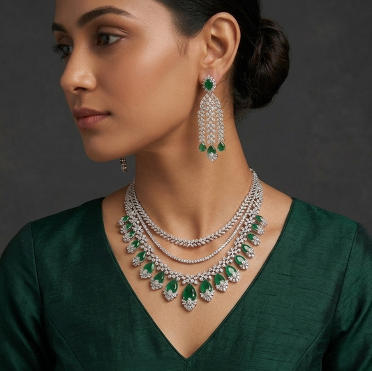 Vamika Emerald and Diamond Layered Necklace Set