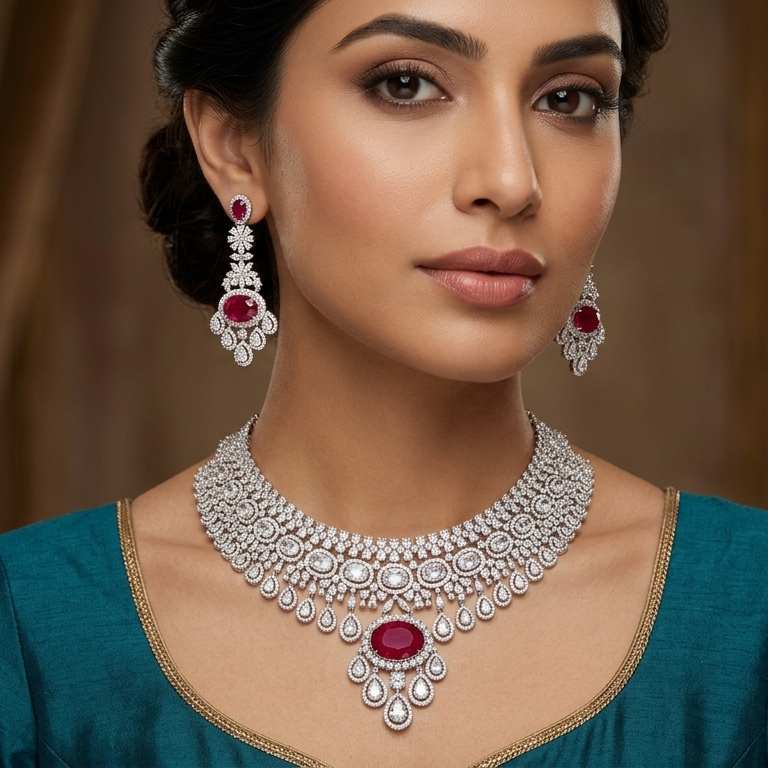 Aabha Ruby and Diamonds Necklace Set