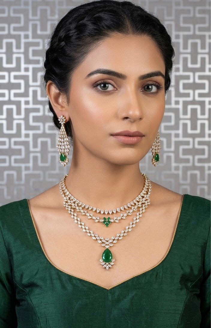 Annamika diamond and emerald studded layered necklace set