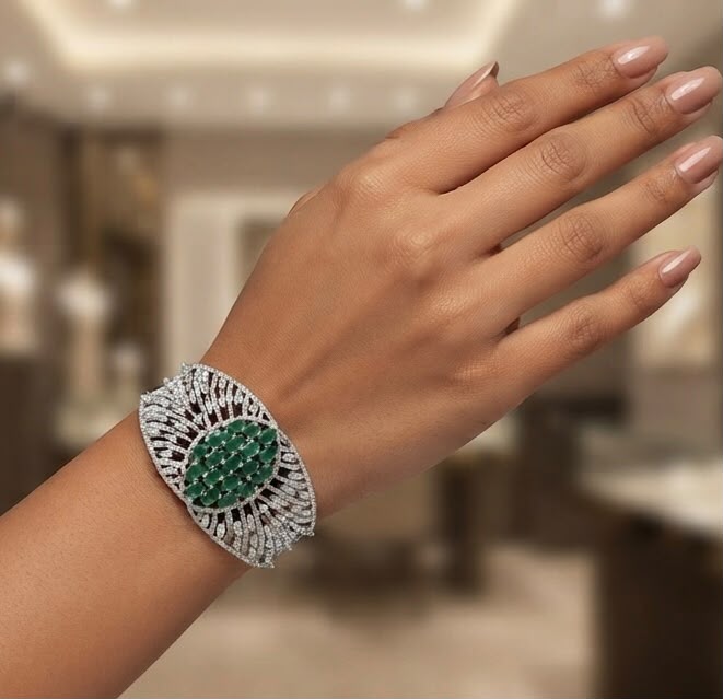 Aaliyah diamond and emerald studded bracelet